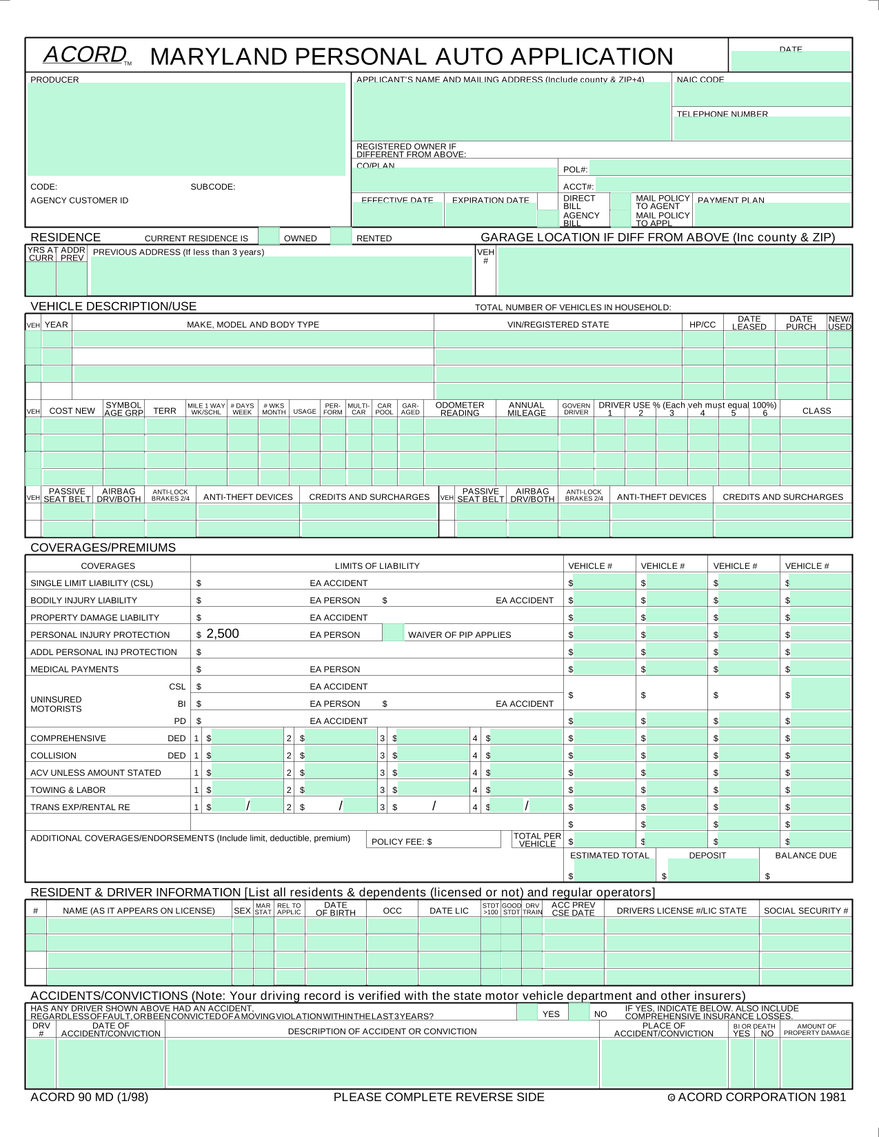 Maryland Personal Auto Application (ACORD 90 MD) screenshot