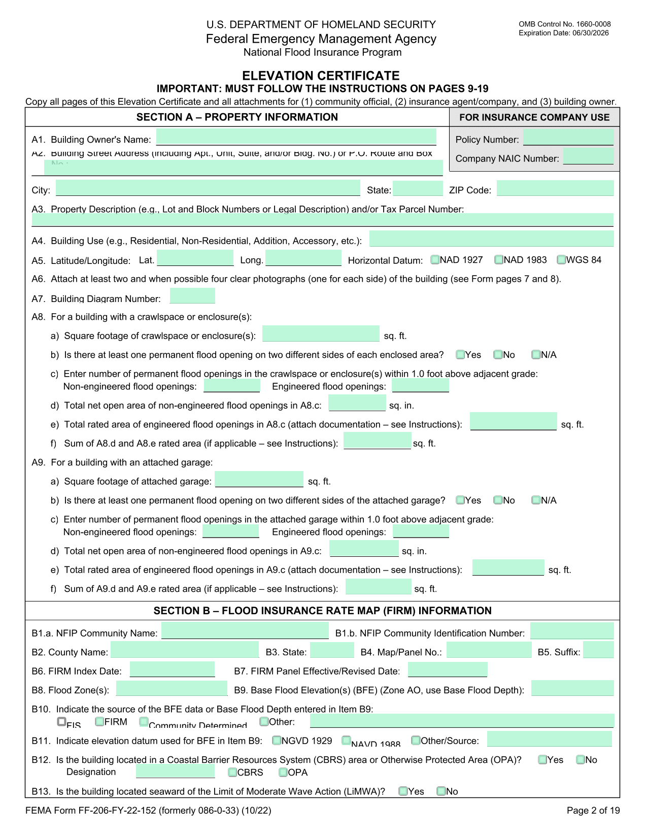Flood Insurance Property Information Form screenshot