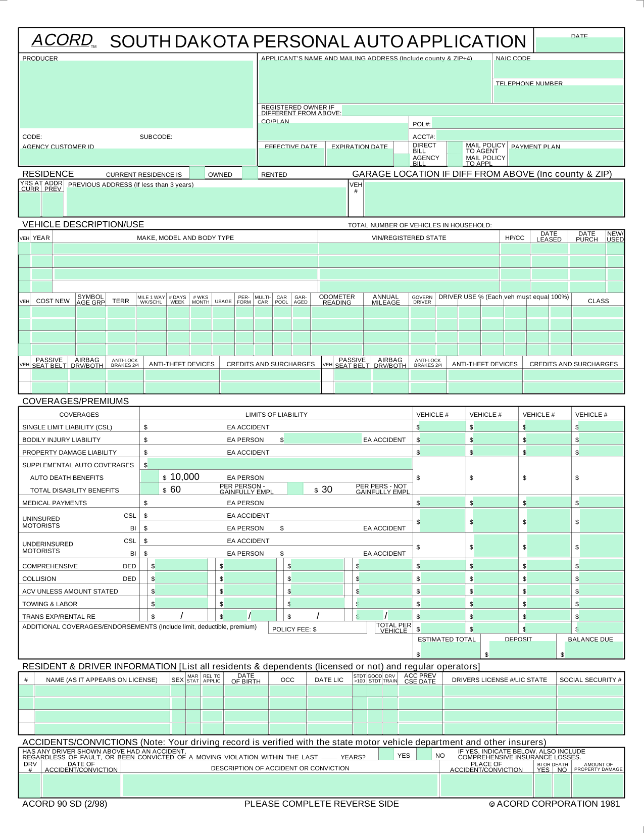 South Dakota Personal Auto Application (ACORD 90 SD) screenshot