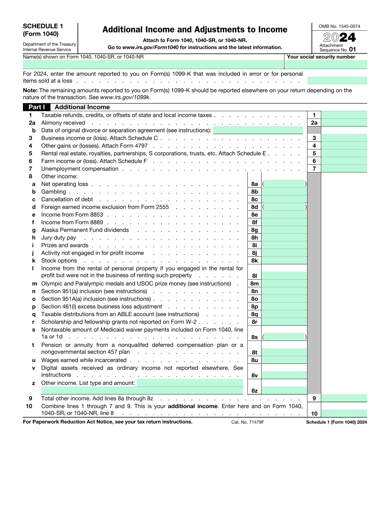 Schedule 1 Additional Income  Adjustments To Income (Form 1040) screenshot