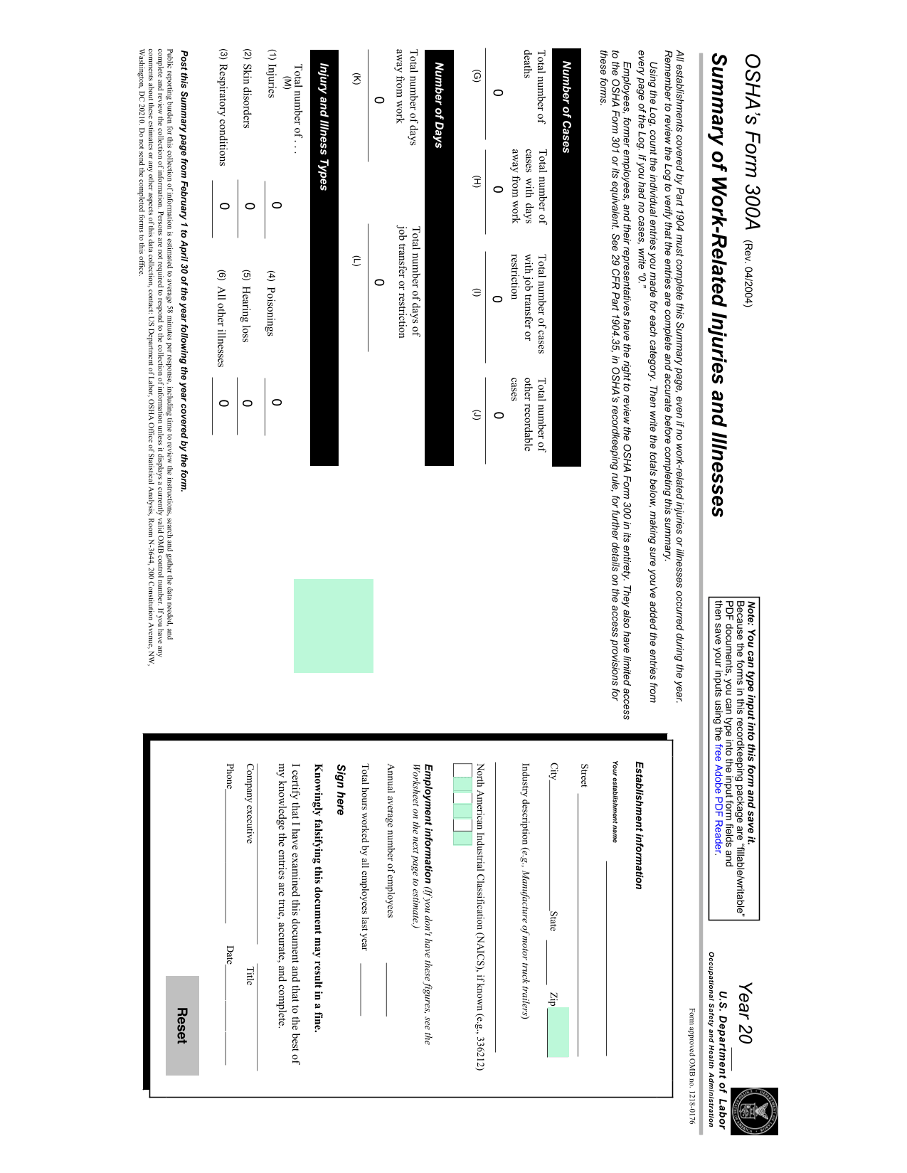 Work Related Injuries  Illnesses Summary (OSHA Form 300A) screenshot